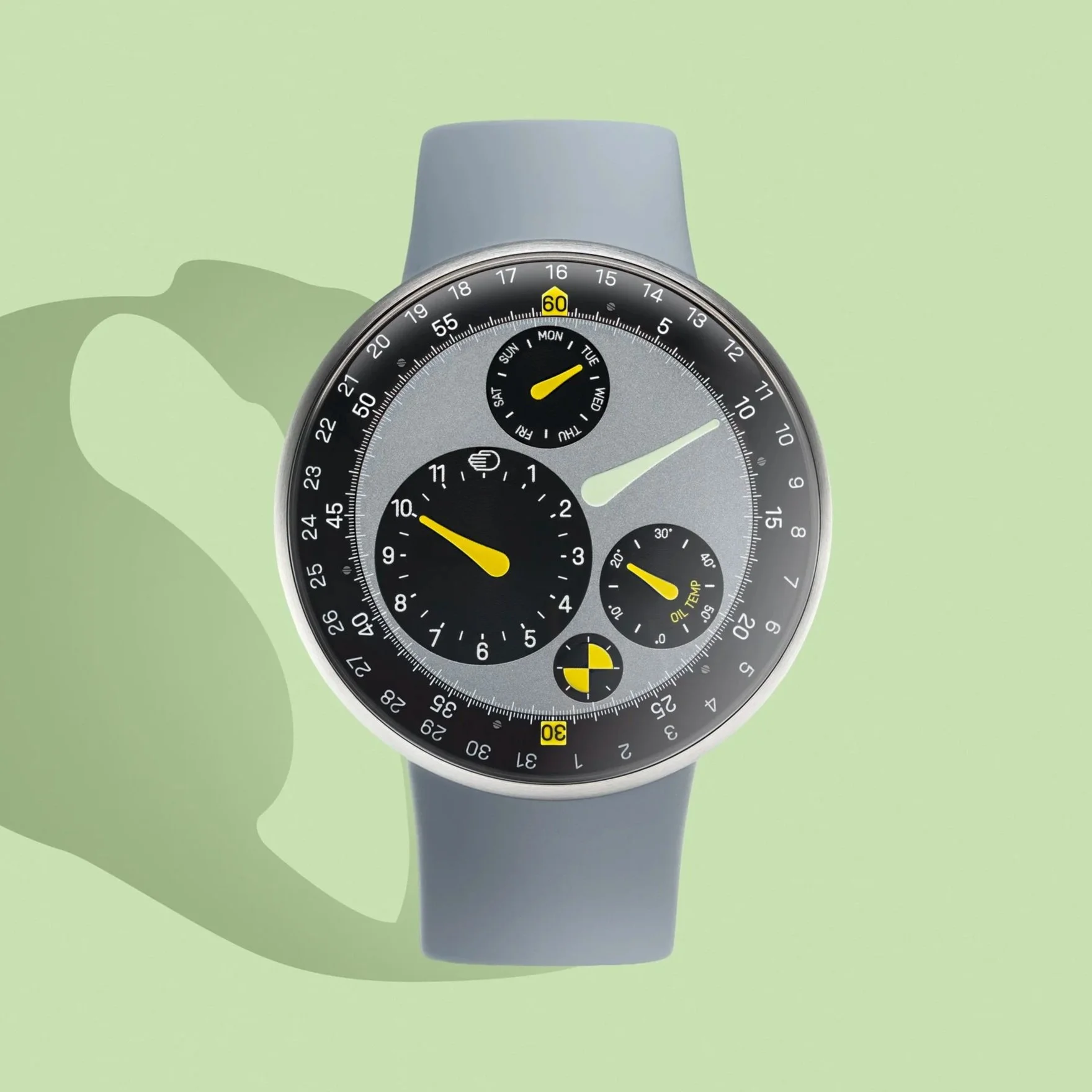Front view of Type 3 MN with yellow dial markings and soft grey integrated strap