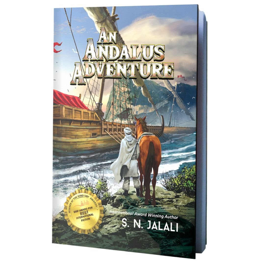 Hardback Book Mock up of An Andalus Adventure by S N Jalali, published by Blackstone House Publications