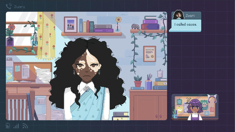A pixel art video call scene from Fishbowl with character Zuari, illustrating the cozy life-sim and narrative gameplay reviewed by Low Five Gaming.
