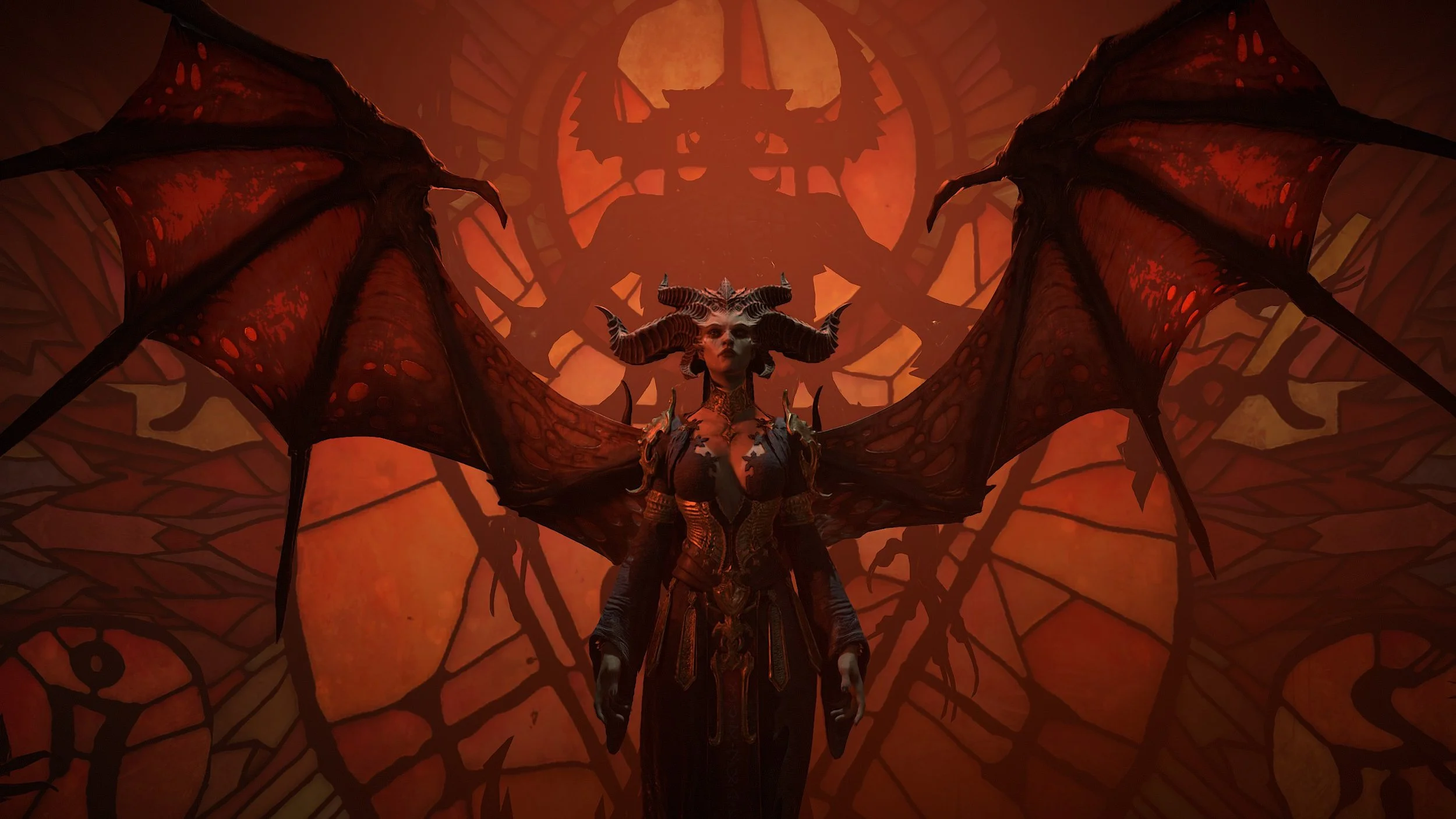 Lilith from Diablo IV standing before a stained-glass window, discussed in the Low Five Gaming podcast review for new players.