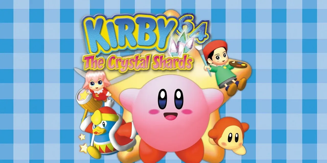 Official North American box art for Kirby 64: The Crystal Shards, a Nintendo 64 classic reviewed on NSO by brothers Alex and Luke for the Low Five Gaming podcast.