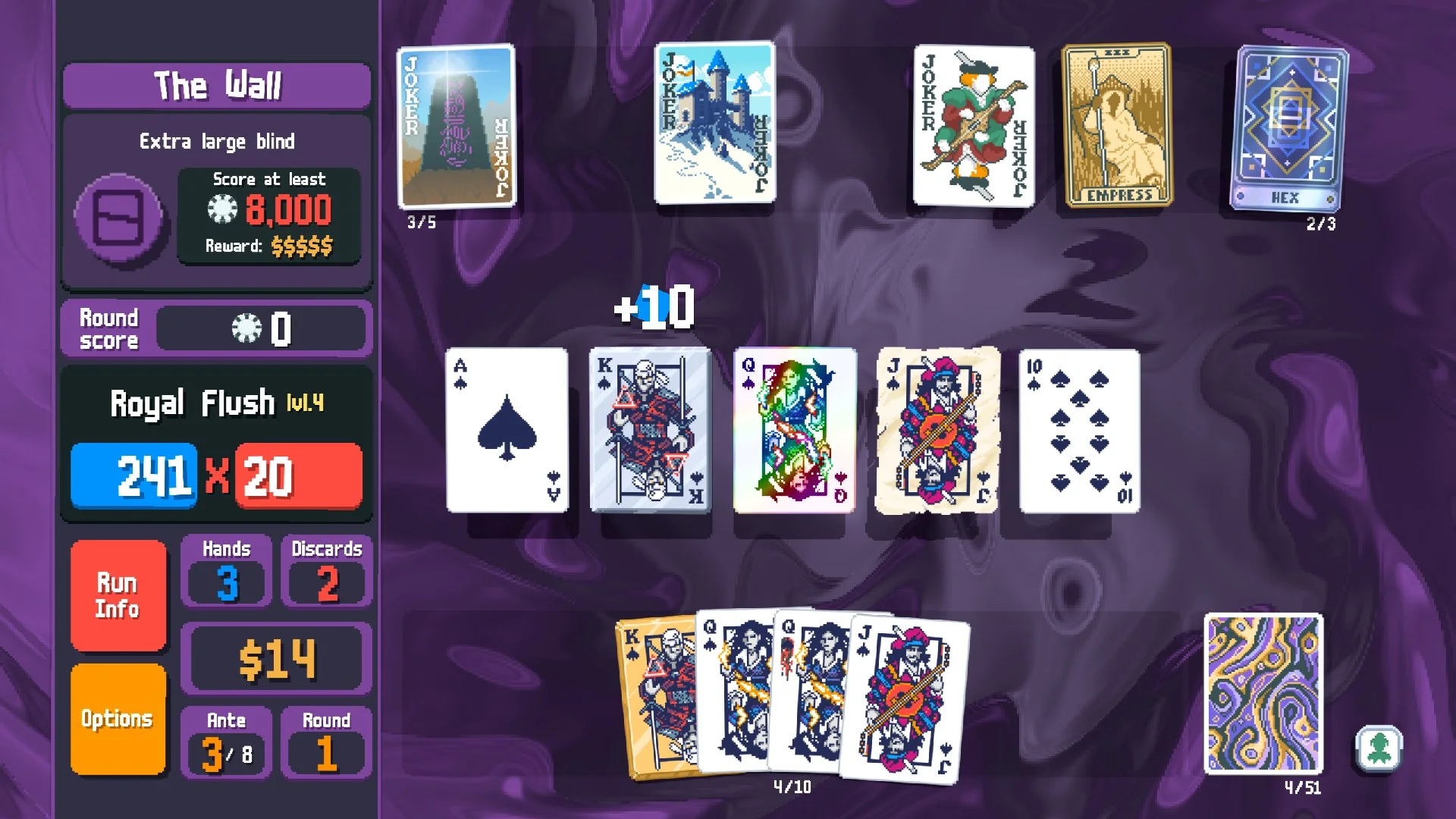 A screenshot of a Royal Flush hand about to score in Balatro, a poker roguelike played on Steam Deck and reviewed on the Low Five Gaming podcast.