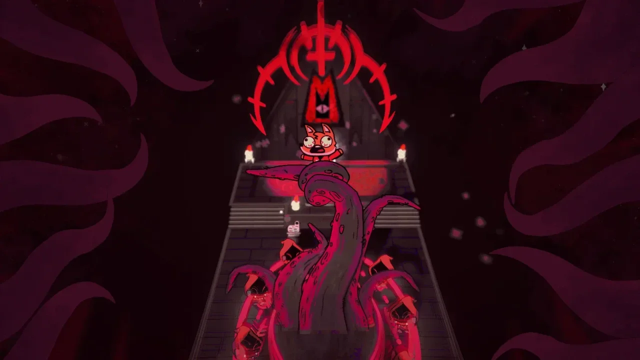 A wide-eyed red folx character stands atop a dark alter, surrounded by giant purple tentacles and a glowing red occult sigil. A ritual is likely at play.