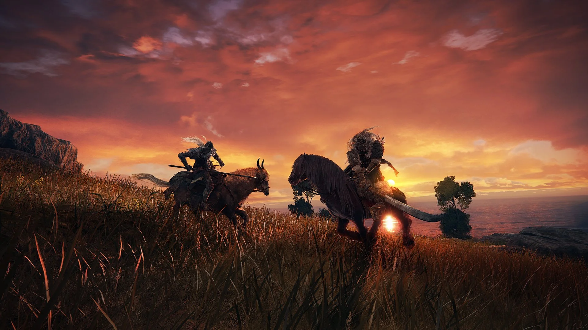 Two knights on horseback silhouetted against a sunset in the Lands Between from Elden Ring, reviewed by brothers Alex and Luke on the Low Five Gaming podcast.