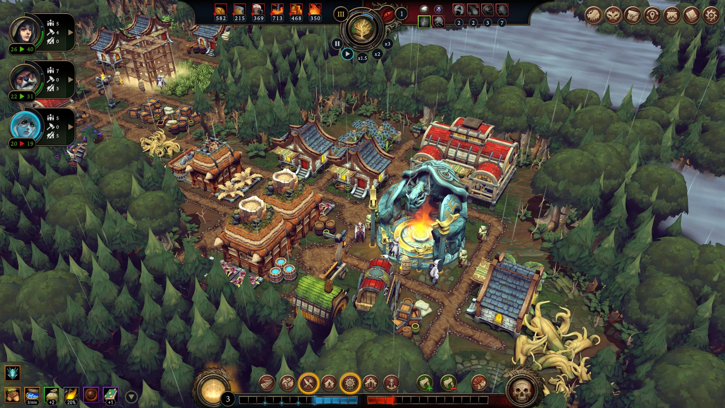 A thriving forest settlement in Against the Storm, a roguelike city builder played on Steam Deck and reviewed by the Low Five Gaming podcast.