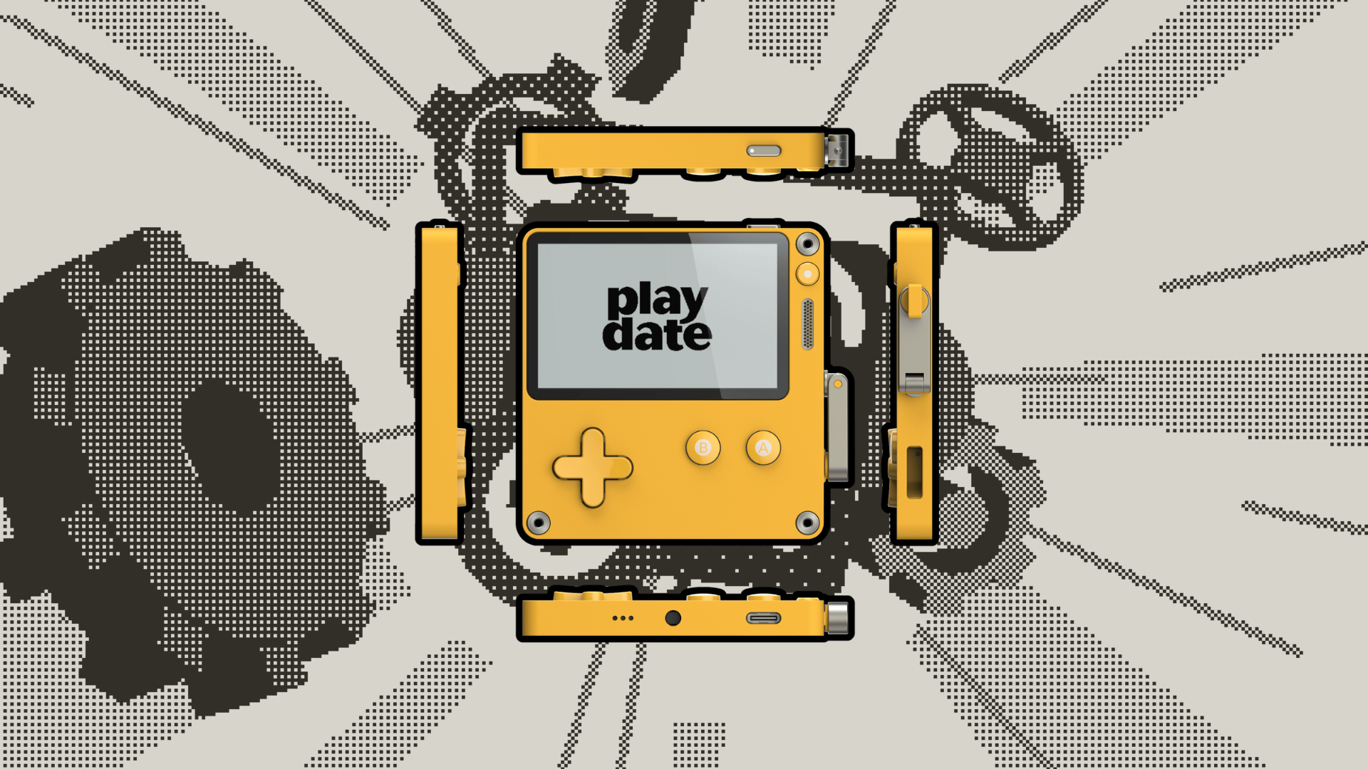 Compilation image of the Playdate handheld console from multiple angles, with stylized pixel art background. Official press image from Panic.