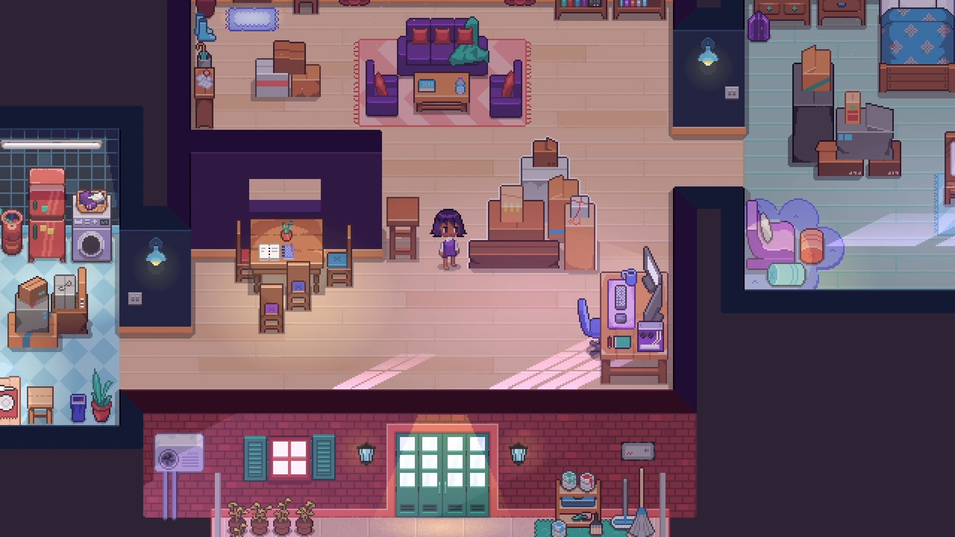 A Fishbowl gameplay screenshot featuring the character in an apartment with cardboard boxes and a retro PC, a cozy Lofi indie game reviewed by Low Five Gaming.