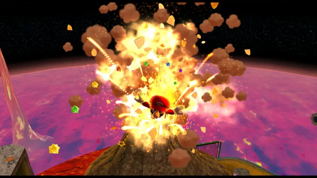 Mario soaring through a cosmic explosion in Super Mario Galaxy, a Nintendo Wii classic reviewed on hardware and Switch by Low Five Gaming.