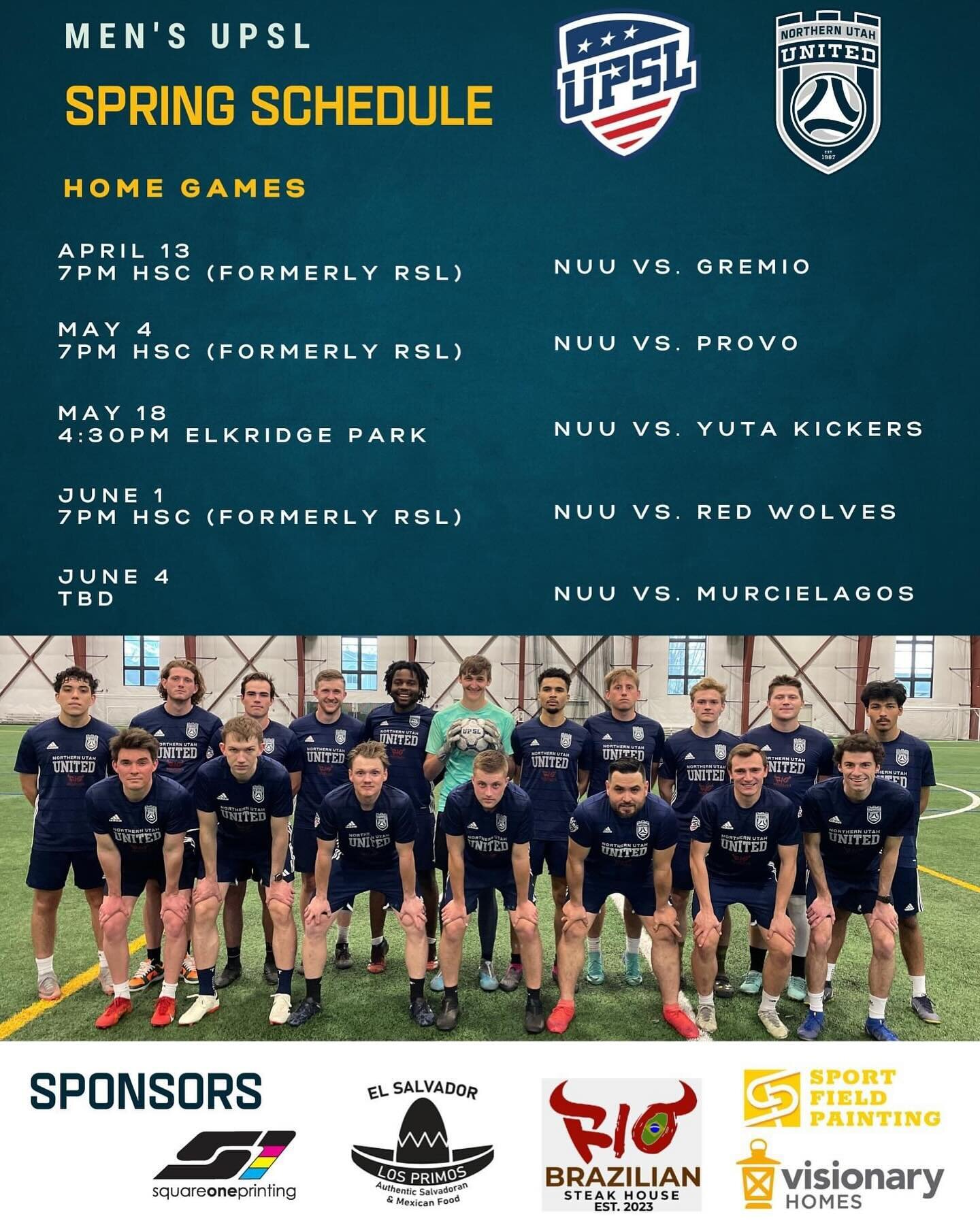 Men&rsquo;s UPSL Spring Home Schedule!!

Come support Cache Valley&rsquo;s semi-pro men&rsquo;s soccer team! 

We&rsquo;ve got 5 home games through the beginning of June, and April 13th is our first game!

April 13th 7pm at the Hansen Family Sports C