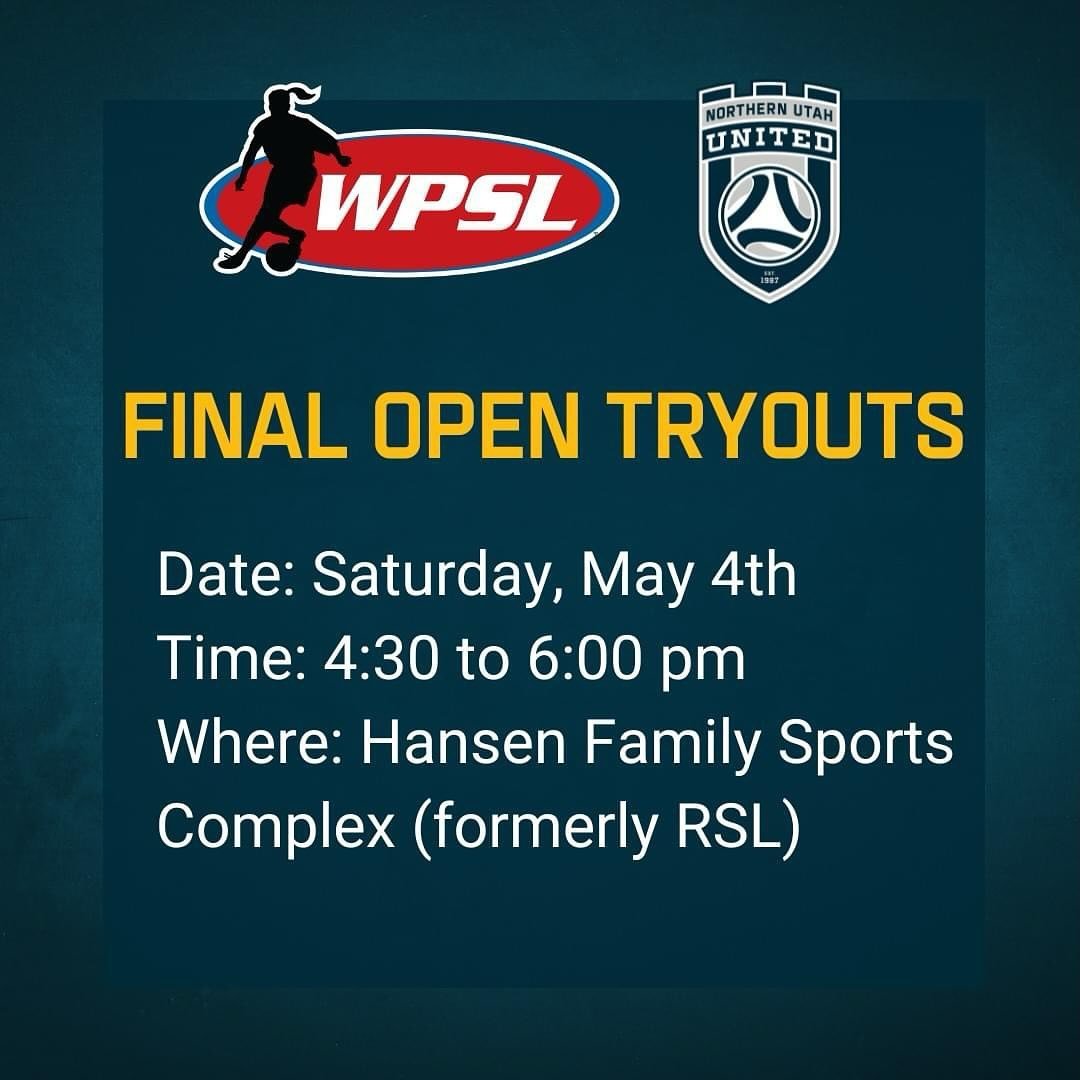 Don&rsquo;t Miss The FINAL Open Tryouts this Saturday May 4th!
4:30 pm - 6:00 pm
At the Hansen Family Sports Complex -North Logan-Formerly known as RSL 

The WPSL is the longest-active league in the United States, AND the largest women&rsquo;s soccer