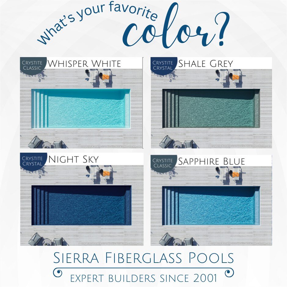 Explore 12 different color options for your future pool! Visit sierrafiberglasspools.com to get started. Financing available! 

#renonv #sparksnv  #lincolnca #rosevilleca #sierrafiberglasspools #auburnca #poolside #pools #rocklinca #poolseason #fiber