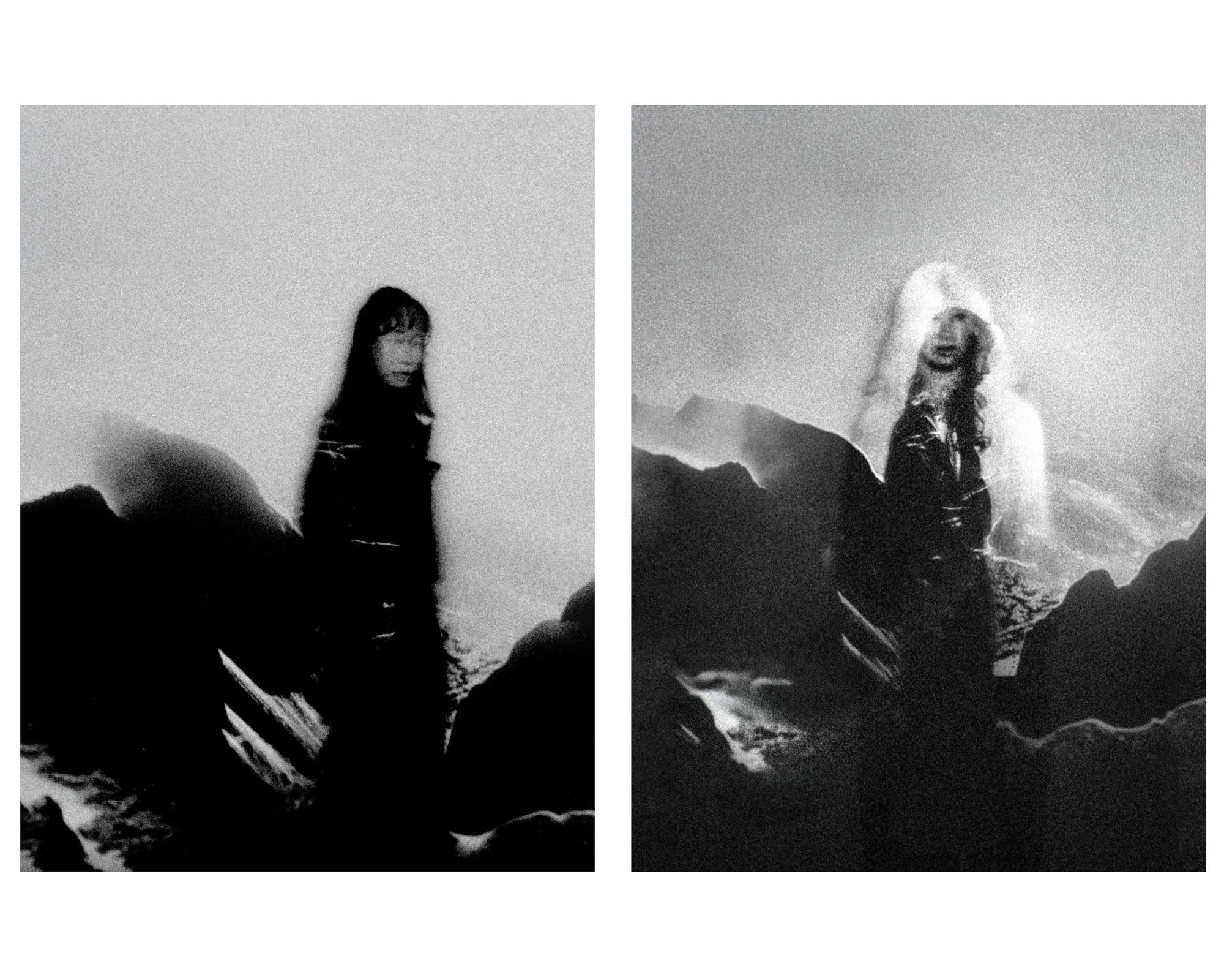 High-contrast black-and-white diptych of two figures on a rocky shoreline, one dark and one ghost-bright, merging portraiture and seascape into a surreal meditation on distance and return.