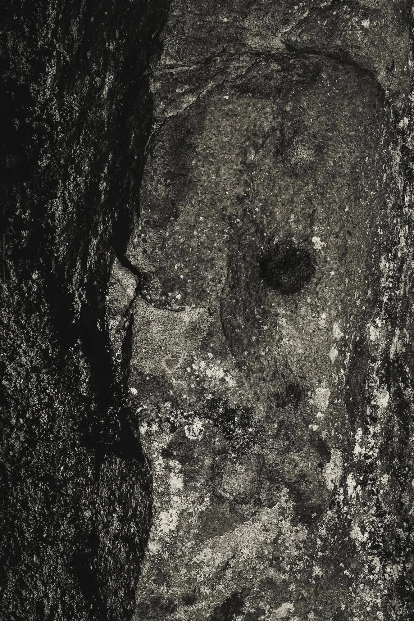 Black-and-white close-up of weathered rock with a face-like imprint and deep shadowed fissure, blending geological abstraction with an uncanny portrait-like form.