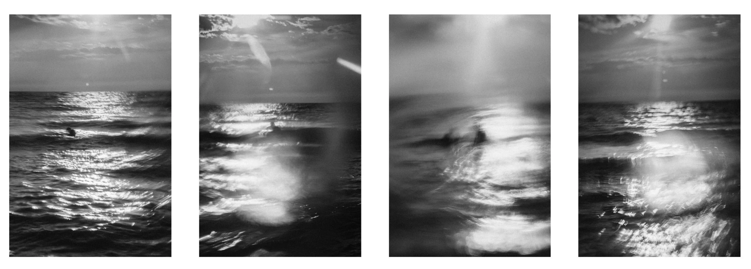 Four-panel black-and-white seascape series with soft motion blur and bright sun-glitter on water, creating an abstract study of surf, drift, and light.
