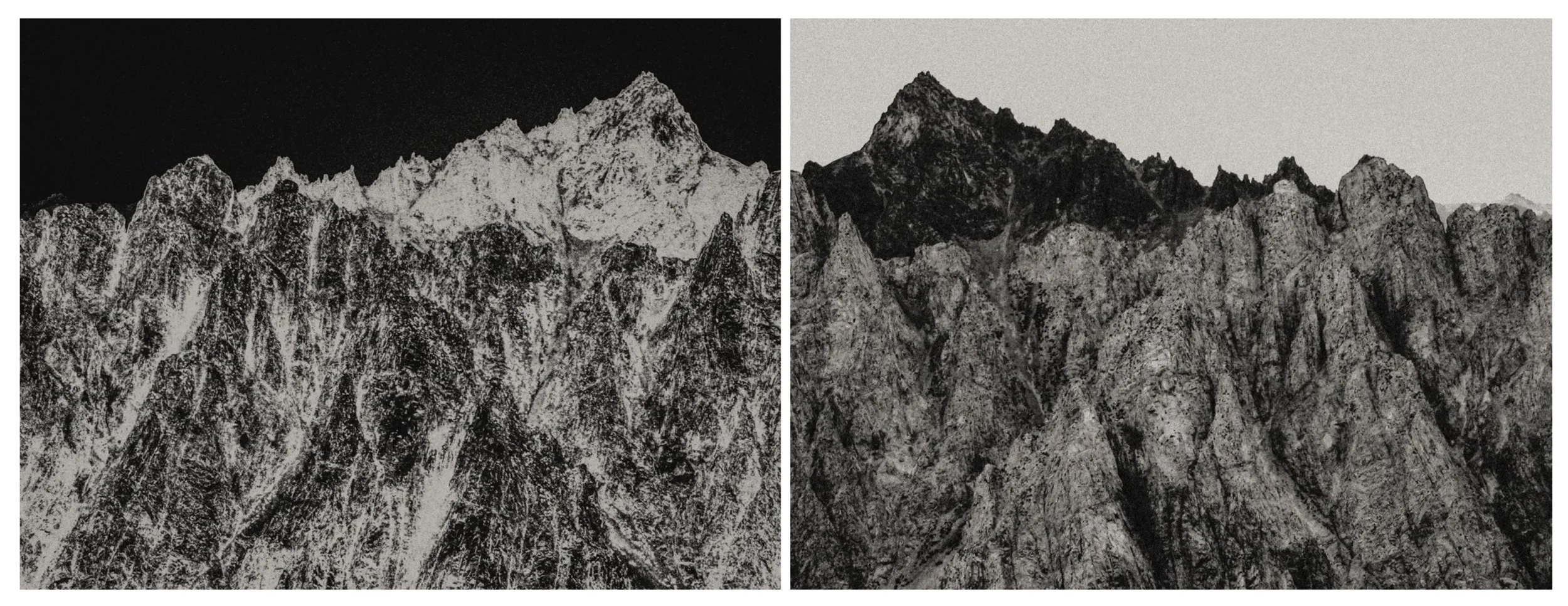 High-contrast black-and-white (partially inverted tones) mountain diptych with jagged ridgelines and a dominant peak under a stark sky, emphasizing alpine texture, scale, and severity.