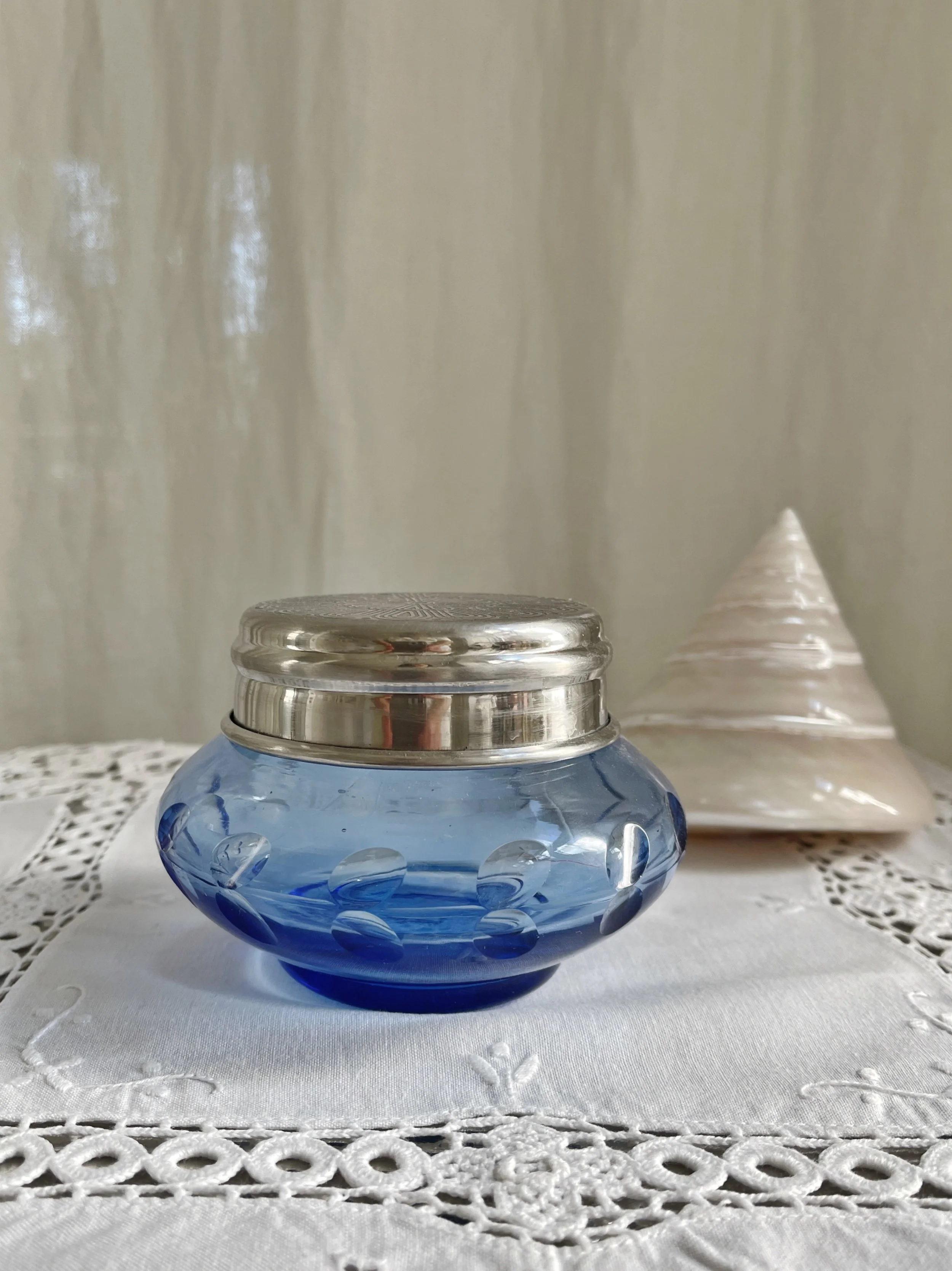 Vintage Blue Glass Vanity Jar with Engraved Lid