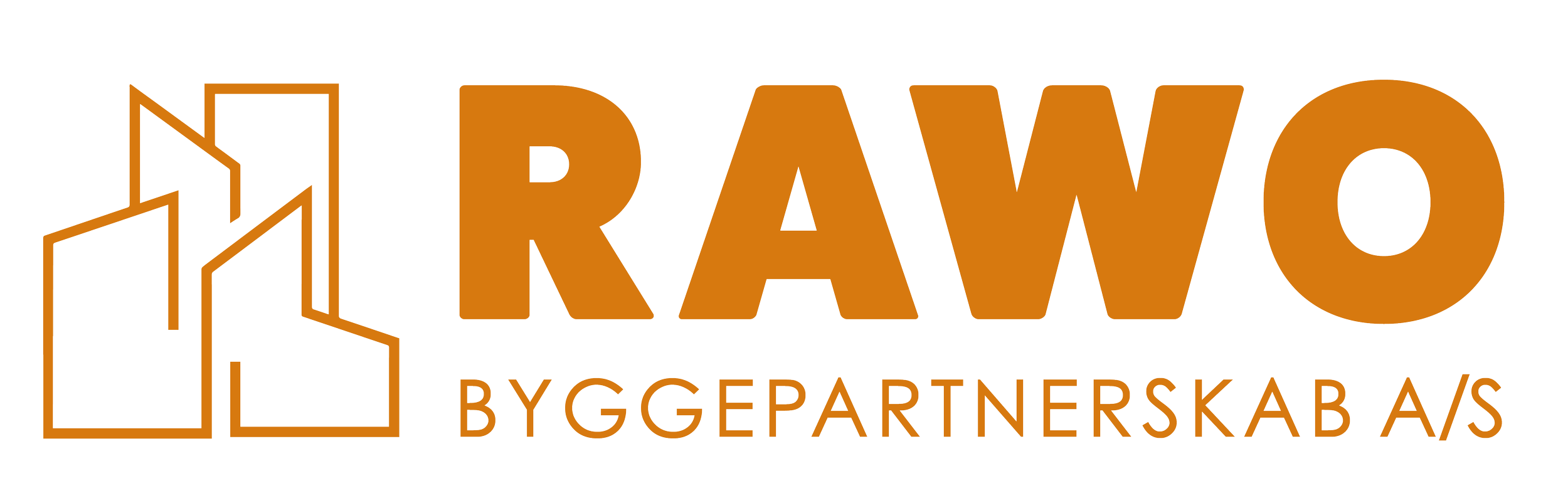 Logo with orange outlines of buildings and the text 'RAWO BYGGEPARTNERSKAB A/S' in orange.
