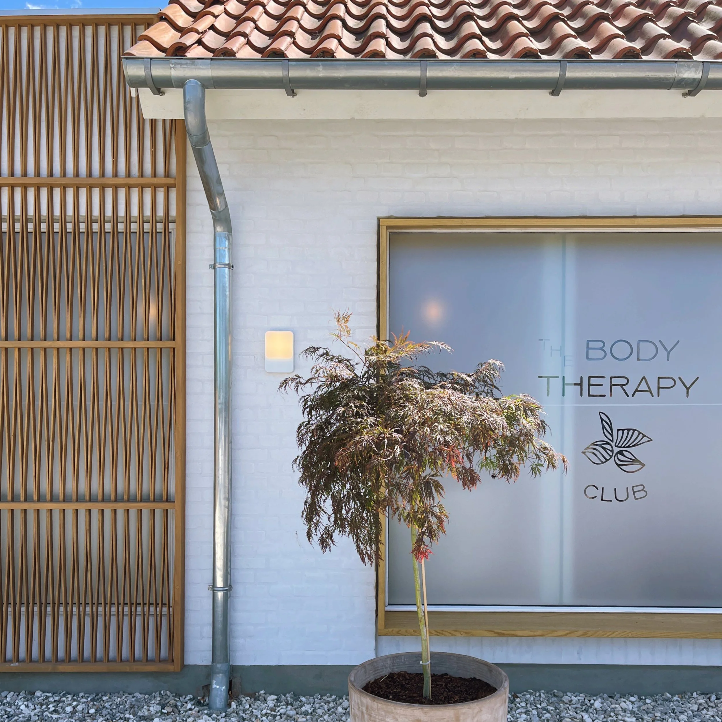 Exterior of a building with a sign reading 'The Body Therapy Club,' featuring a potted tree, white brick wall, tiled roof, and a wooden screen.