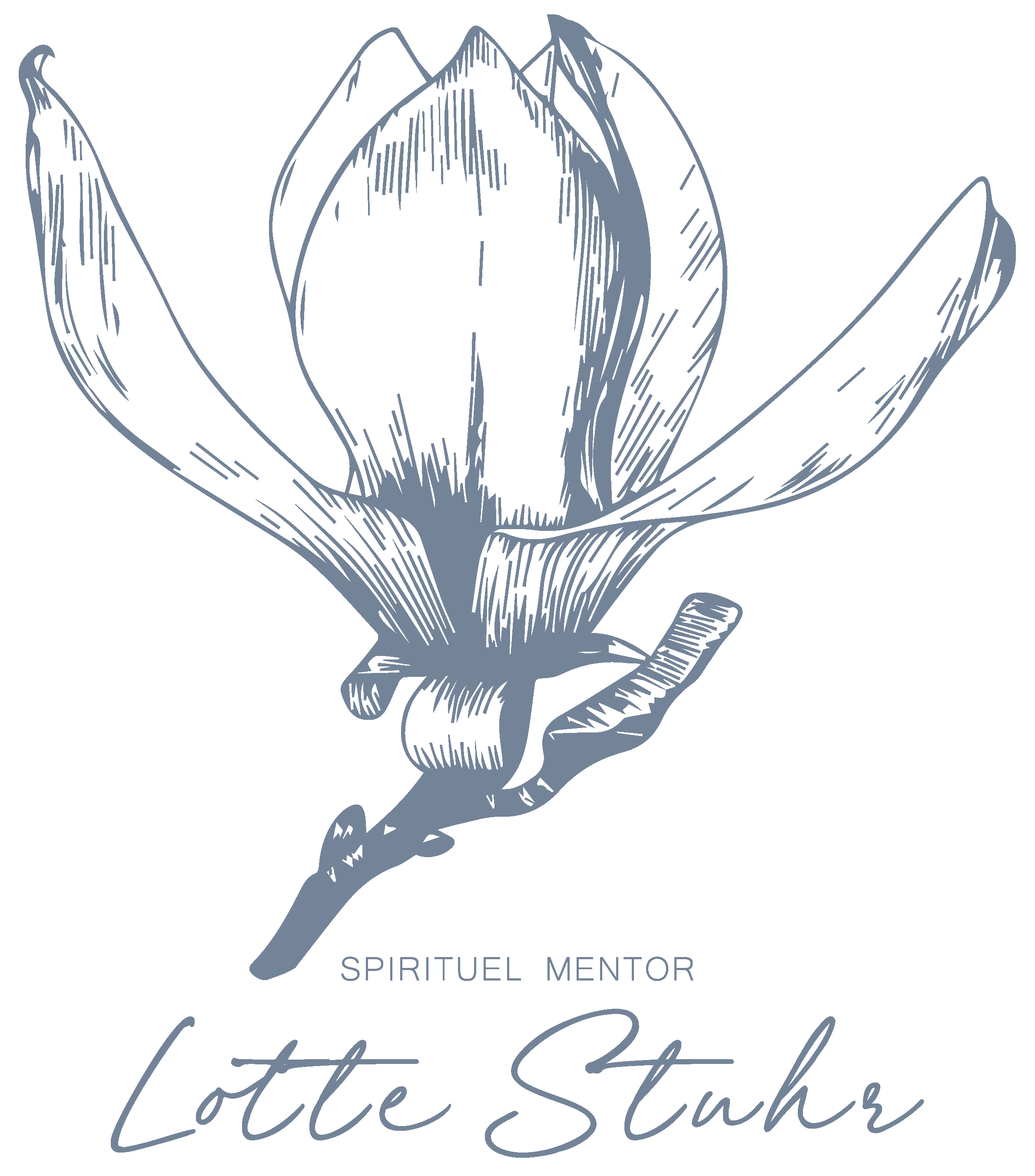 Line drawing of a magnolia flower with text below stating "SPIRITUEL MENTOR Lotte Stuhr."