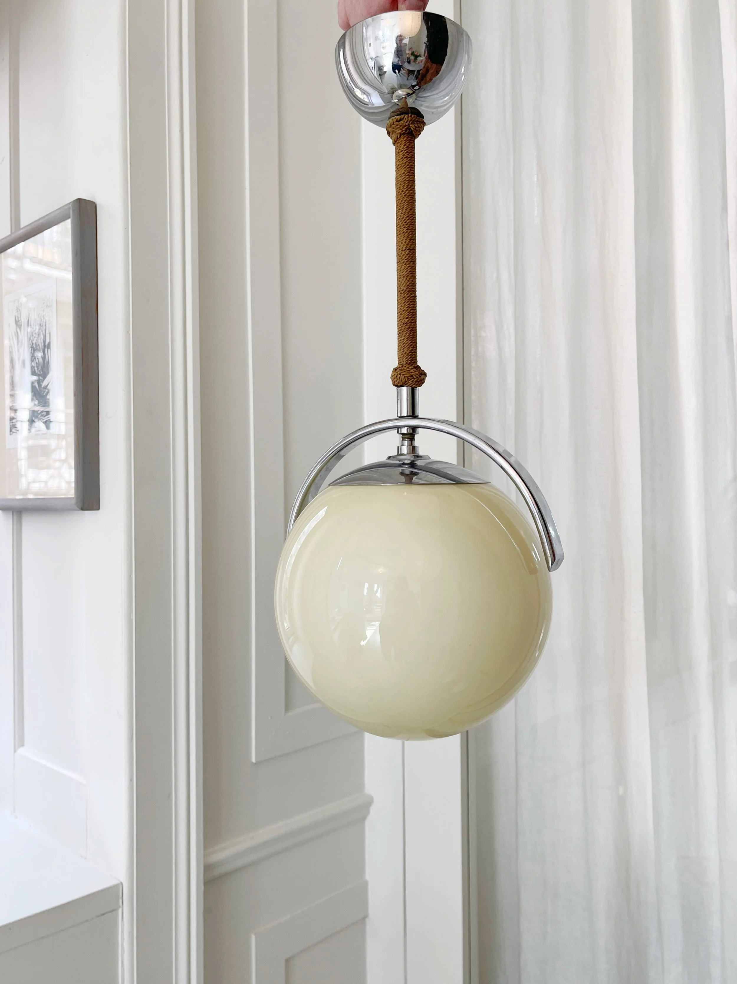 Art Deco Pendant Lamp in Chrome and Opaline Glass, 1930s