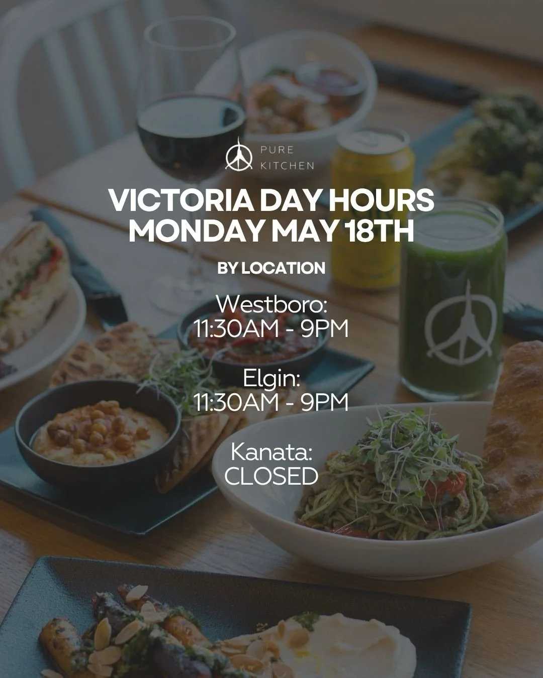 Yes we are OPEN! 

Pure Kitchen Elgin &amp; Westboro are open today regular hours. 

Plus swipe left for our Pure Lunch combo&hellip; perfect day to take the family for lunch! 

Happy Victoria Day! See you at PK!