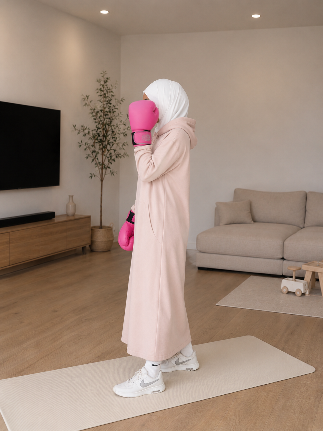 Muslim woman doing at home boxfit, wearing pink boxing gloves.