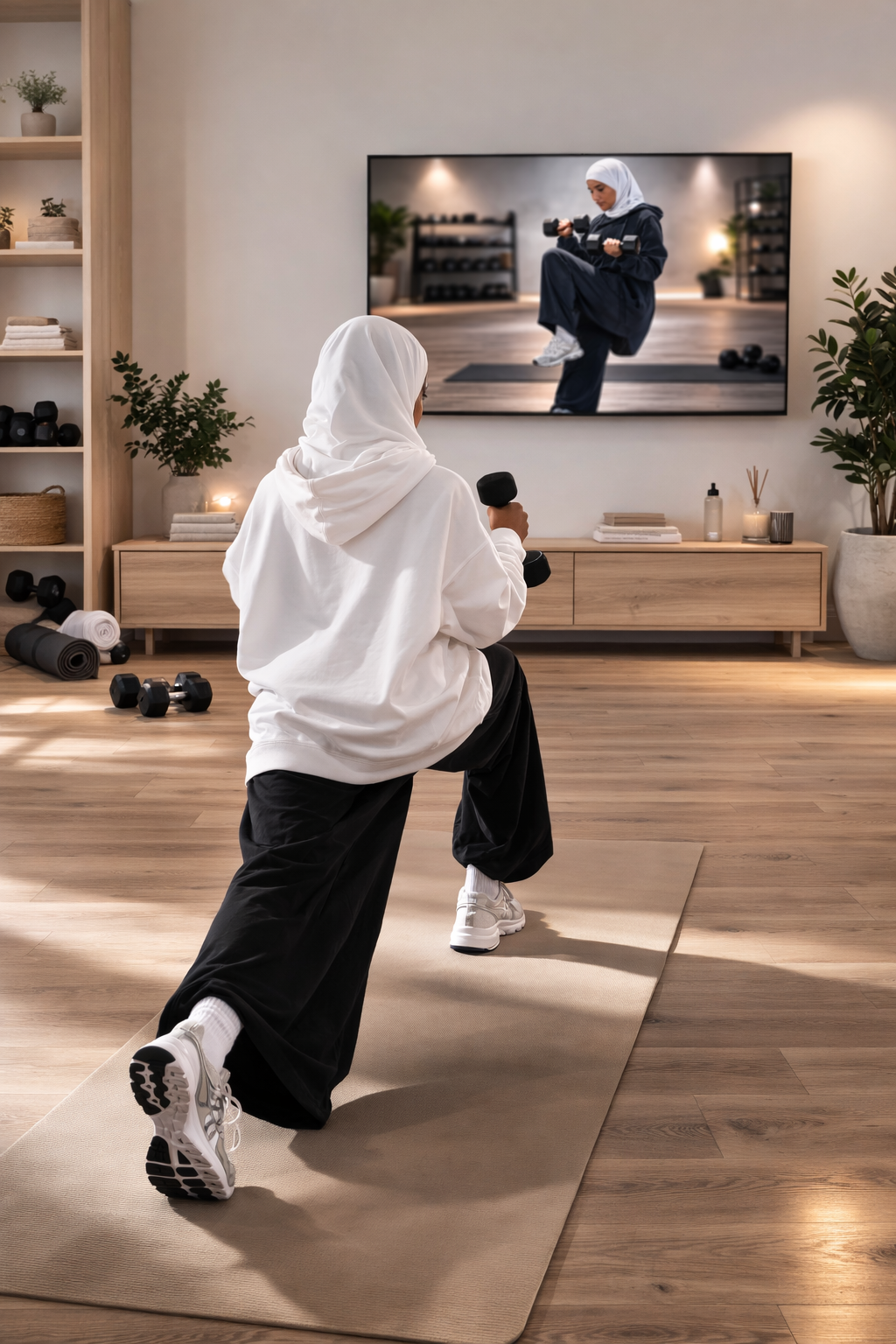 Muslim woman at home following online strength workout, facing her TV.