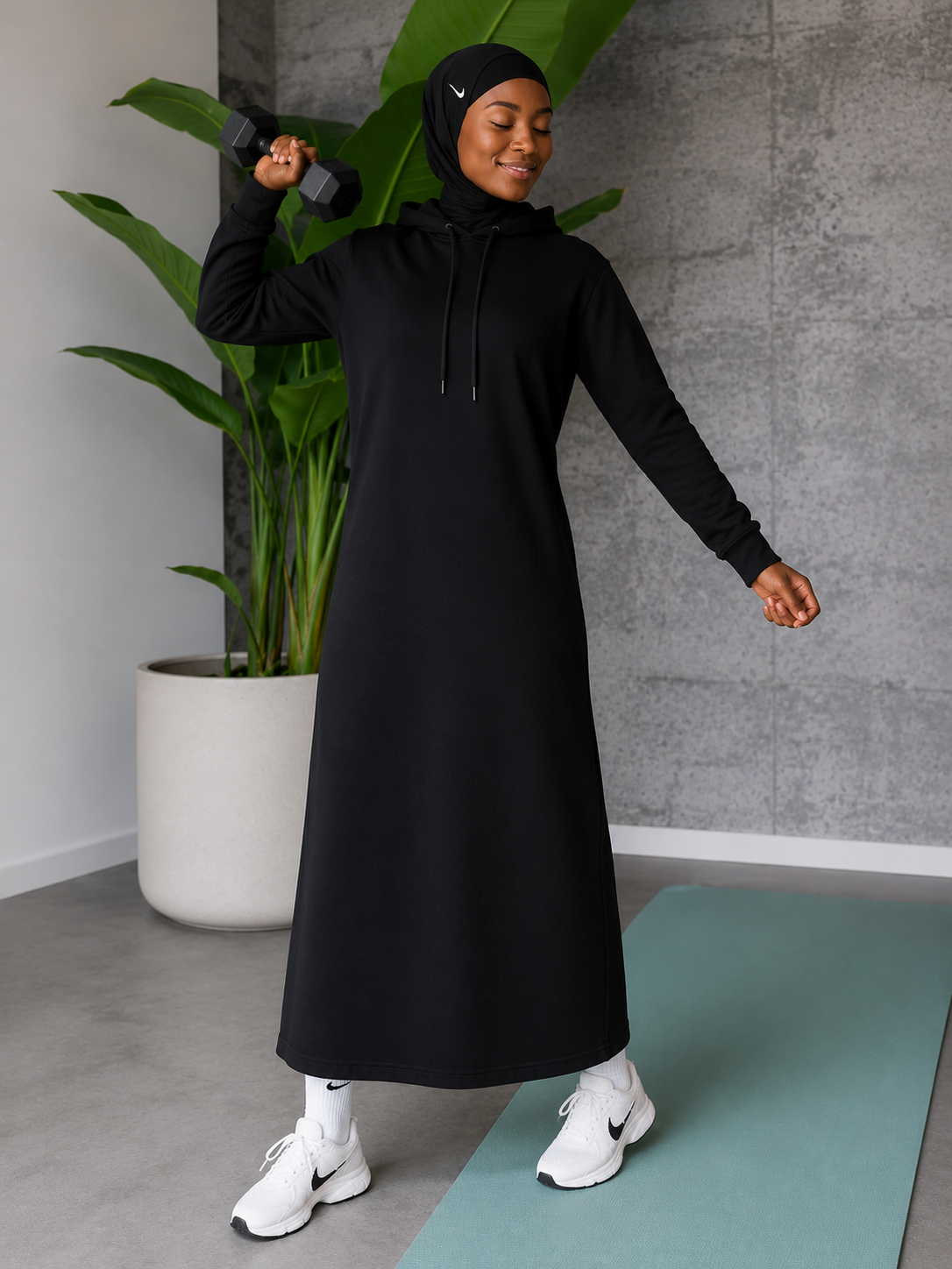 Muslim woman doing strength training workout in modest activewear during online fitness class