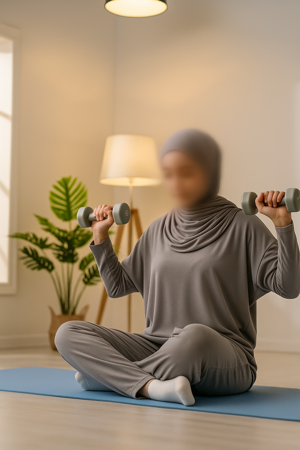 Muslim woman in grey dress, strength training