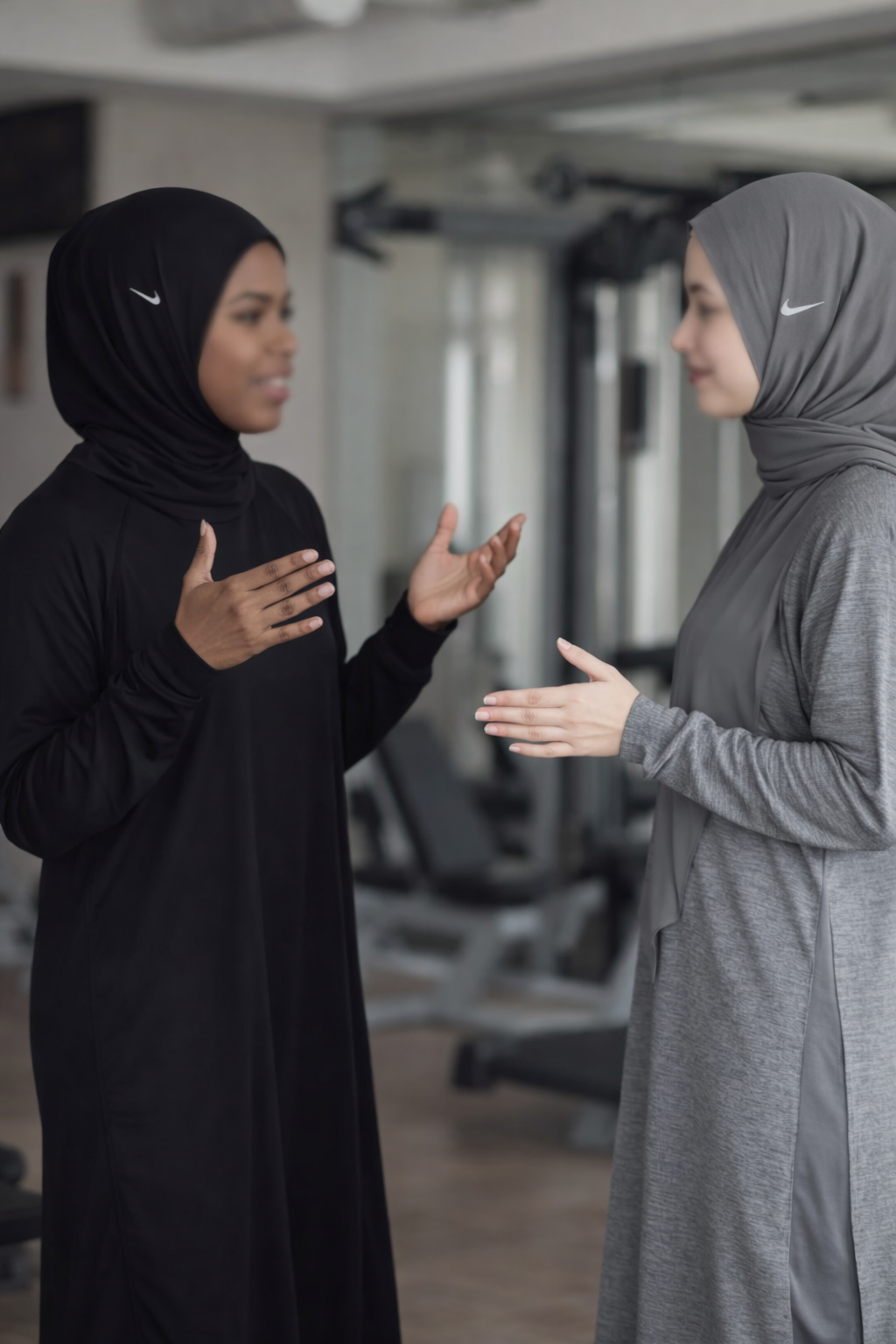 female muslim personal trainer talking with client.