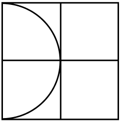 Geometric drawing of an outline square with sections divided by vertical, horizontal, and half circle lines.