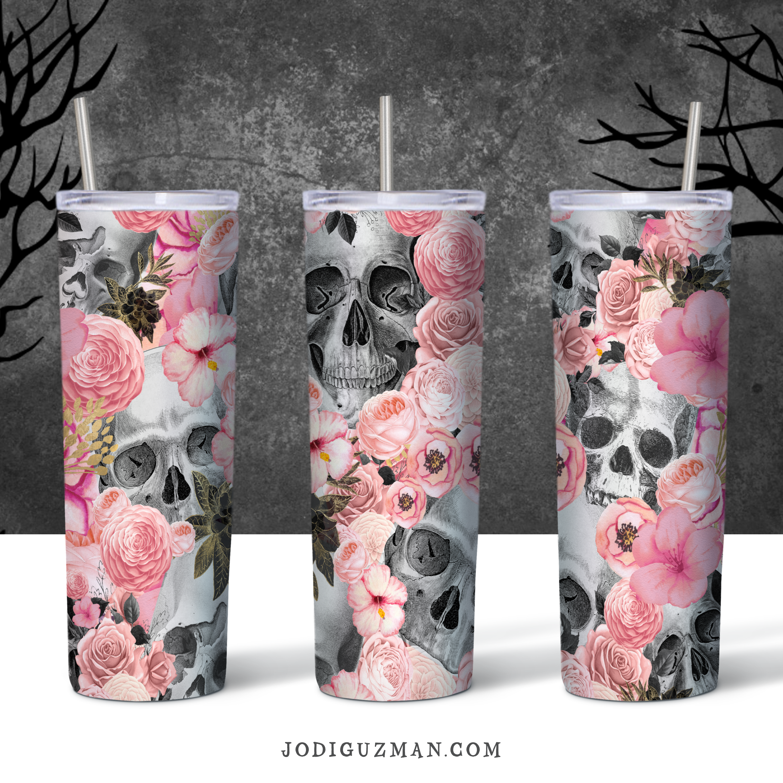 Skulls with Pink Flowers