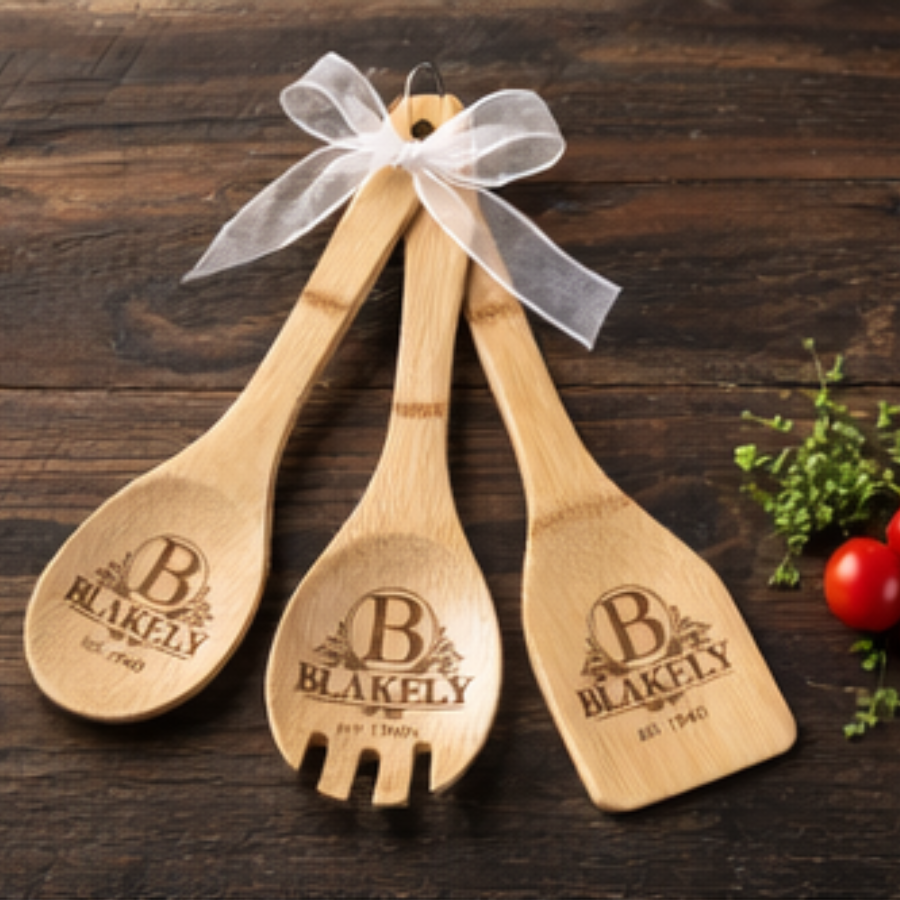 Engraved Bamboo Fork - Spoon - Spatula Set | Monogram Gift with Bow