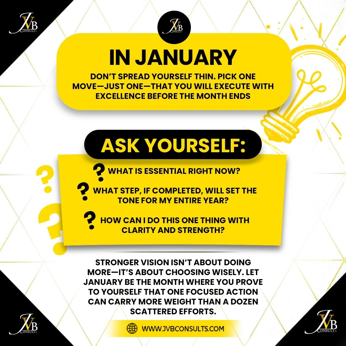 Don&rsquo;t forget to check out our January 2026 Monthly Motivation&mdash;now live! Link in bio 🎯

#JVBConsults #NewYear #Business #Consultation