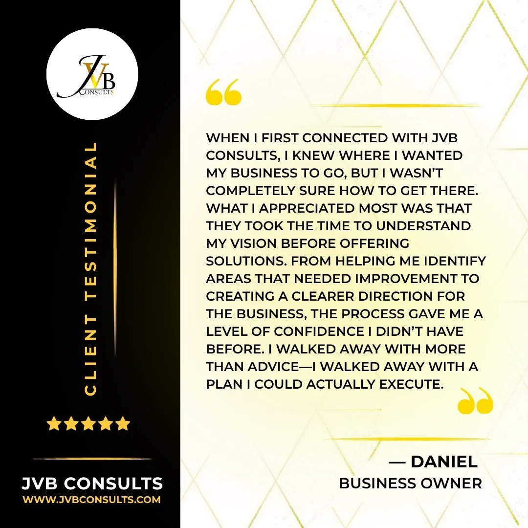 Thank you for your kind words, Daniel! It was our absolute pleasure to assist you and your team! 

www.JVBConsults.com

#JVBConsults #JVB #Business #StartUp #Motivation