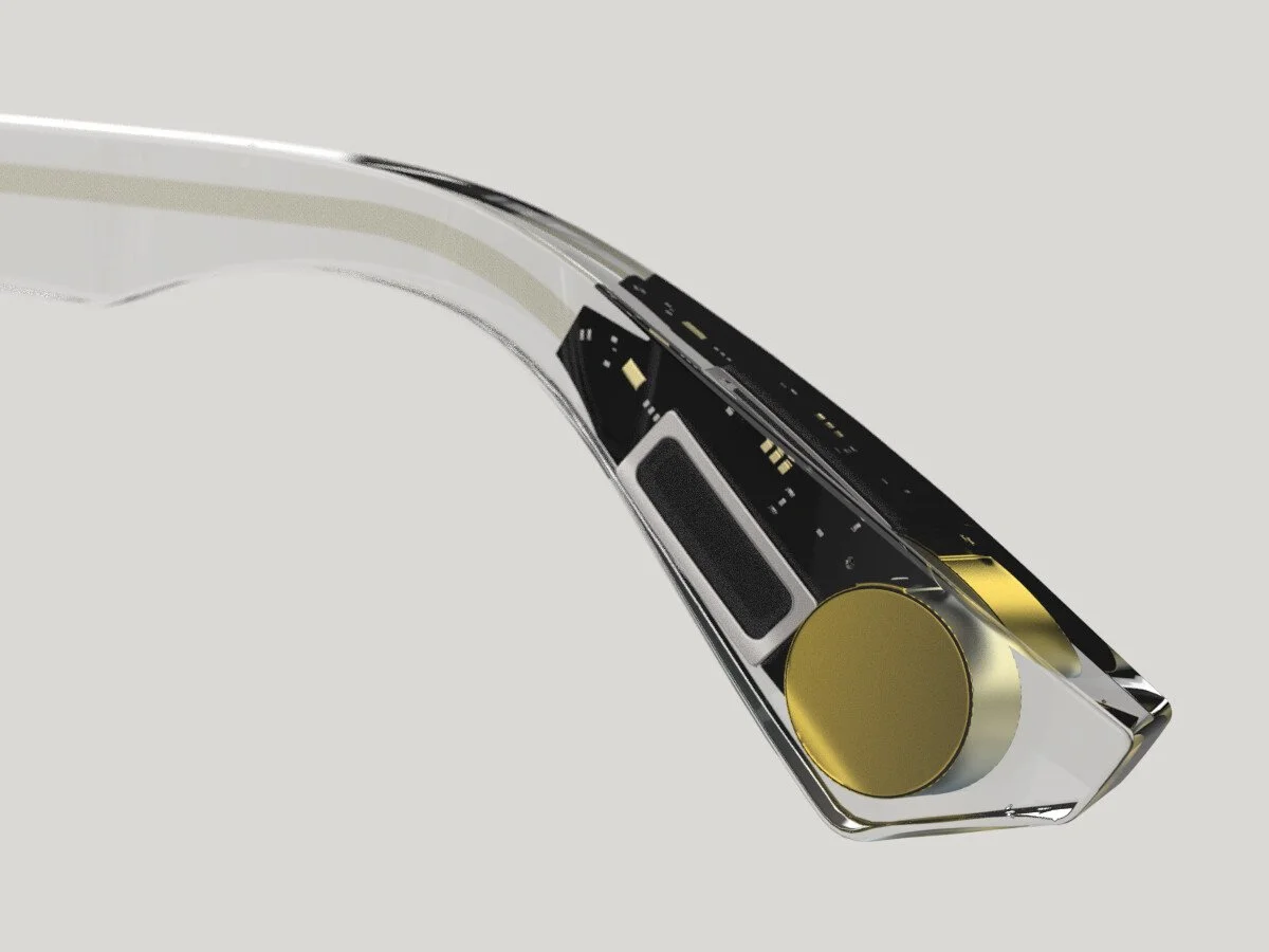 Render of Xocchiali smart glasses with the electronics inside the temple