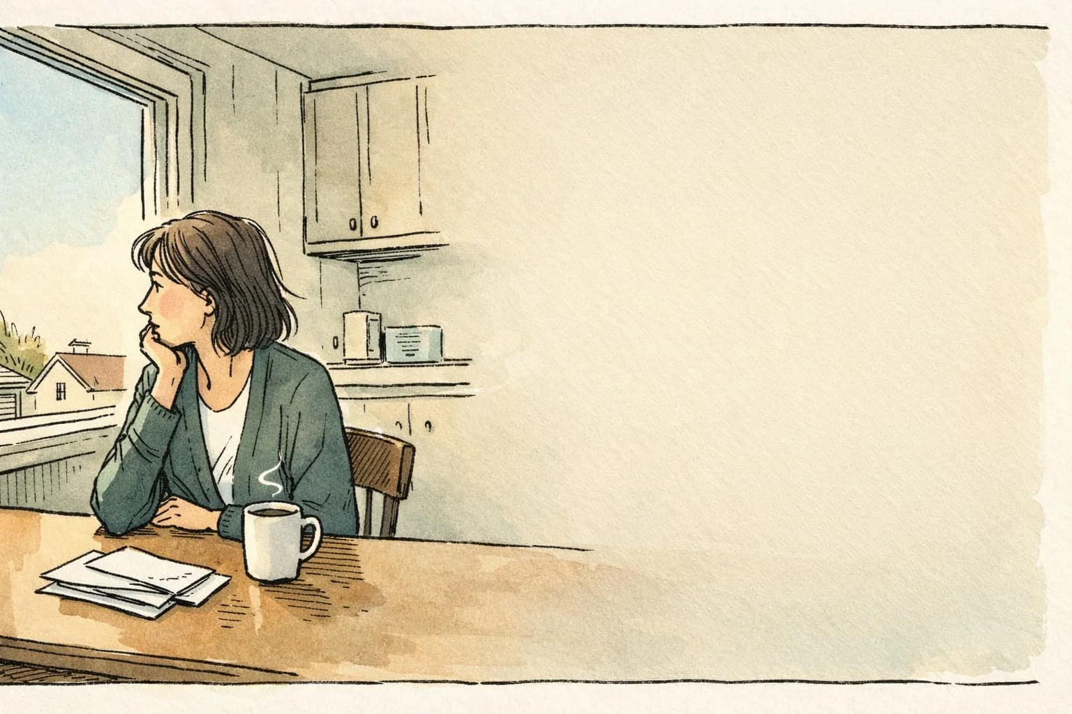 Editorial illustration of a woman sitting alone at a kitchen table with morning light, a coffee cup, and envelopes nearby.