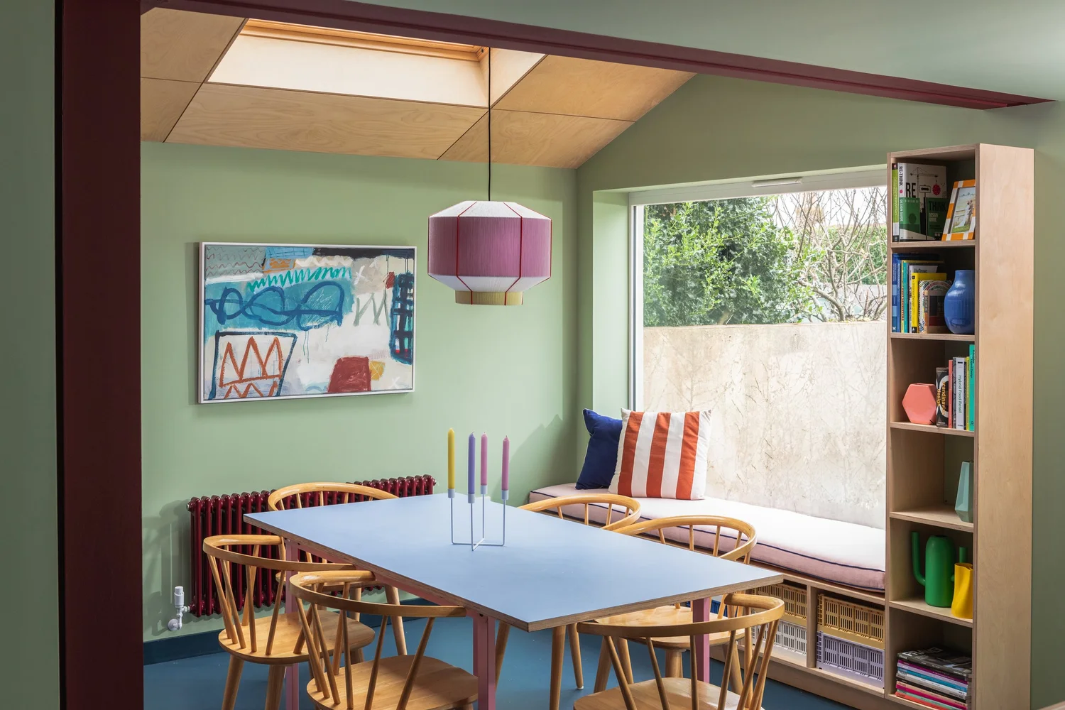 Pale green dining room in St Agnes, Cornwall, photographed by Pip Hambling