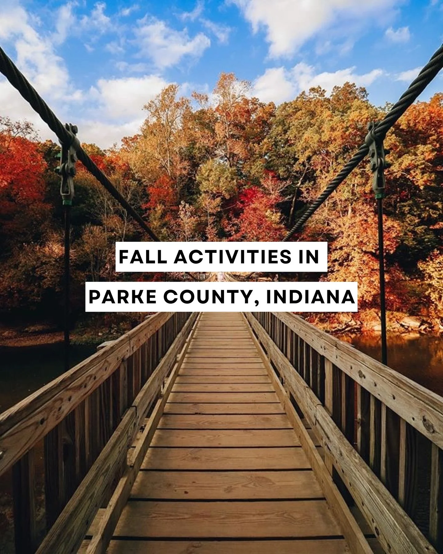 Your go-to list of Fall Activities in Parke County, Indiana! 🍁⬇️

🎃 The Parke County Covered Bridge Festival October 10-19, 2025
🥾Hiking at Turkey Run State Park
✨Explore Billie Creek Village
🍎Apple Picking at Ditzler&rsquo;s Orchard
🌽Visit Hobs