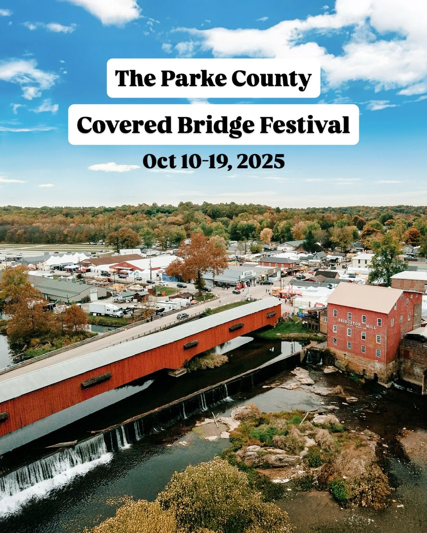 50 DAYS TILL Indiana&rsquo;s Largest Festival, The Parke County Covered Bridge Festival! 🎉 Come visit #ParkeCounty for all things fall October 10-19, 2025. 🍁🎃

Learn more at ➡️ www.coveredbridges.com/covered-bridge-festival