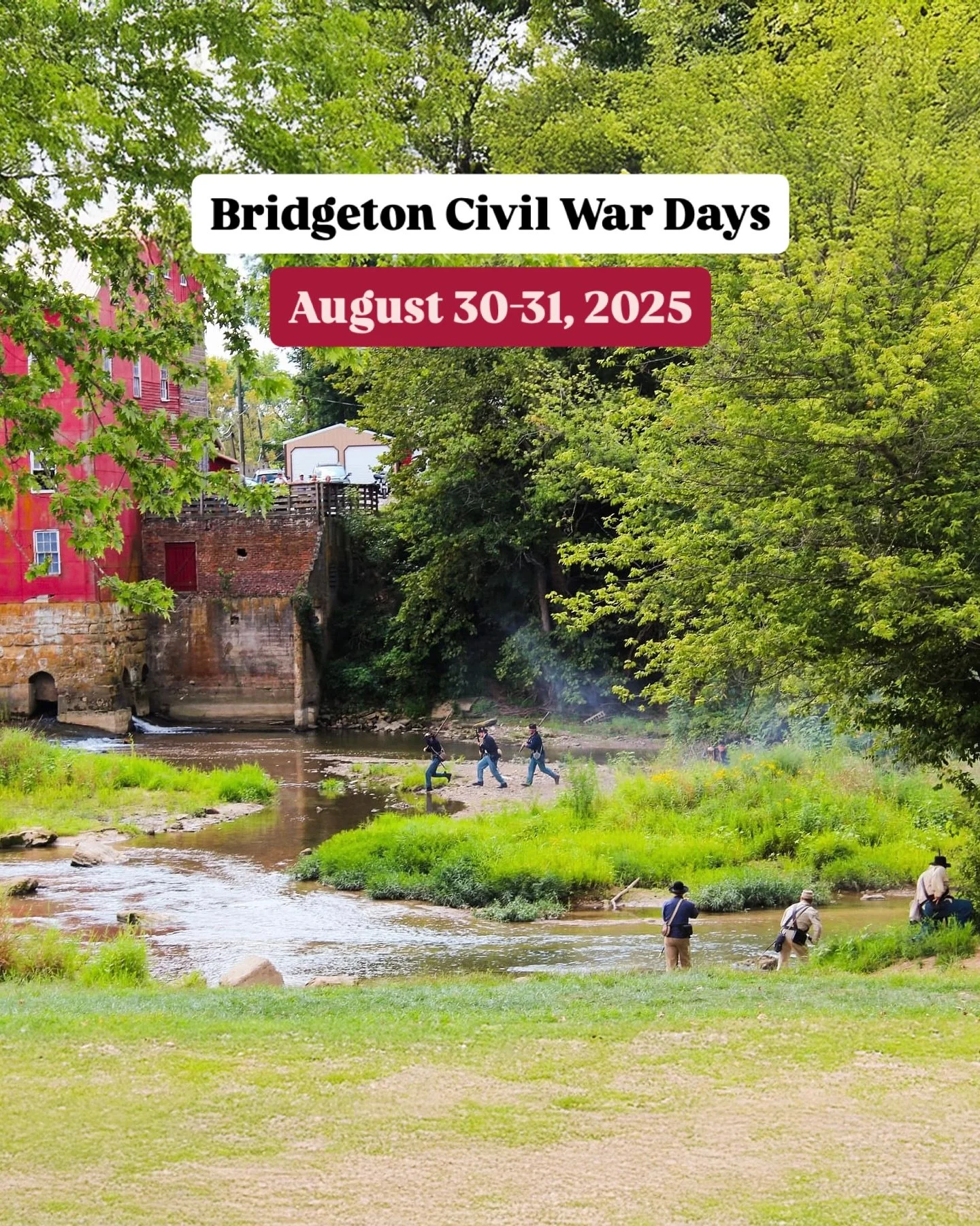 Bridgeton Civil War Days starts THIS WEEKEND, August 30-31, 2025! ✨

Join us for a trip back in time to the days of the Civil War. Visitors can interact with soldiers and civilians, gaining a glimpse of life during the pivotal period of 1861-1865 in 