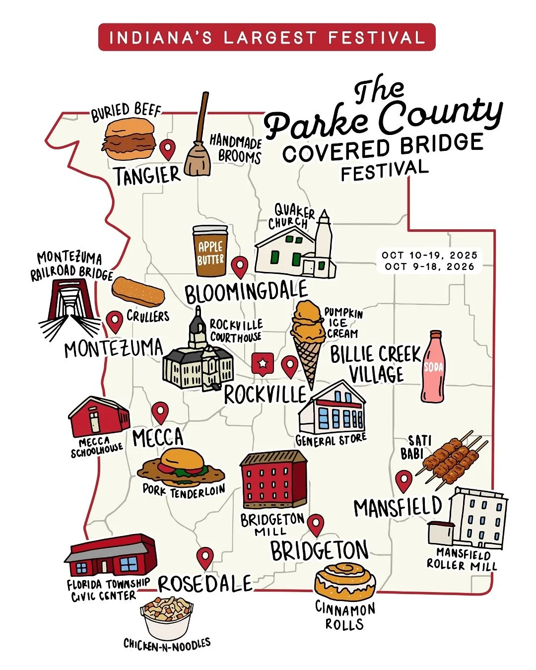 It&rsquo;s the last day of The Parke County Indiana Covered Bridge Festival! 🍁🎃 Don&rsquo;t miss out on great food, shopping &amp; fun!
October 10-19, 2025. Learn more at www.coveredbridges.com