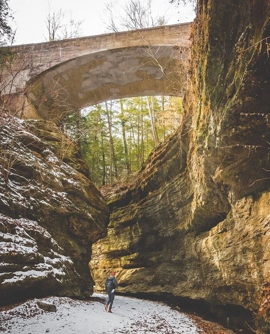 Magical view of trail 6 at Turkey Run State Park in Parke County, Indiana! ❄️✨ 
This moderate to rugged 0.5-mile trail is a short hike where the turkeys once roosted on the ledges. It forms a loop, starting at the Turkey Run Inn, going around Lieber 