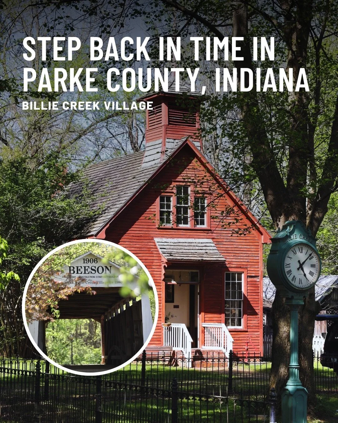 Step back in time at Historic Billie Creek Village in Parke County, Indiana. ✨

Home to three covered bridges and dozens of historic buildings, the village features a schoolhouse, two churches, a Governor&rsquo;s home, a General Store, and more. It&r