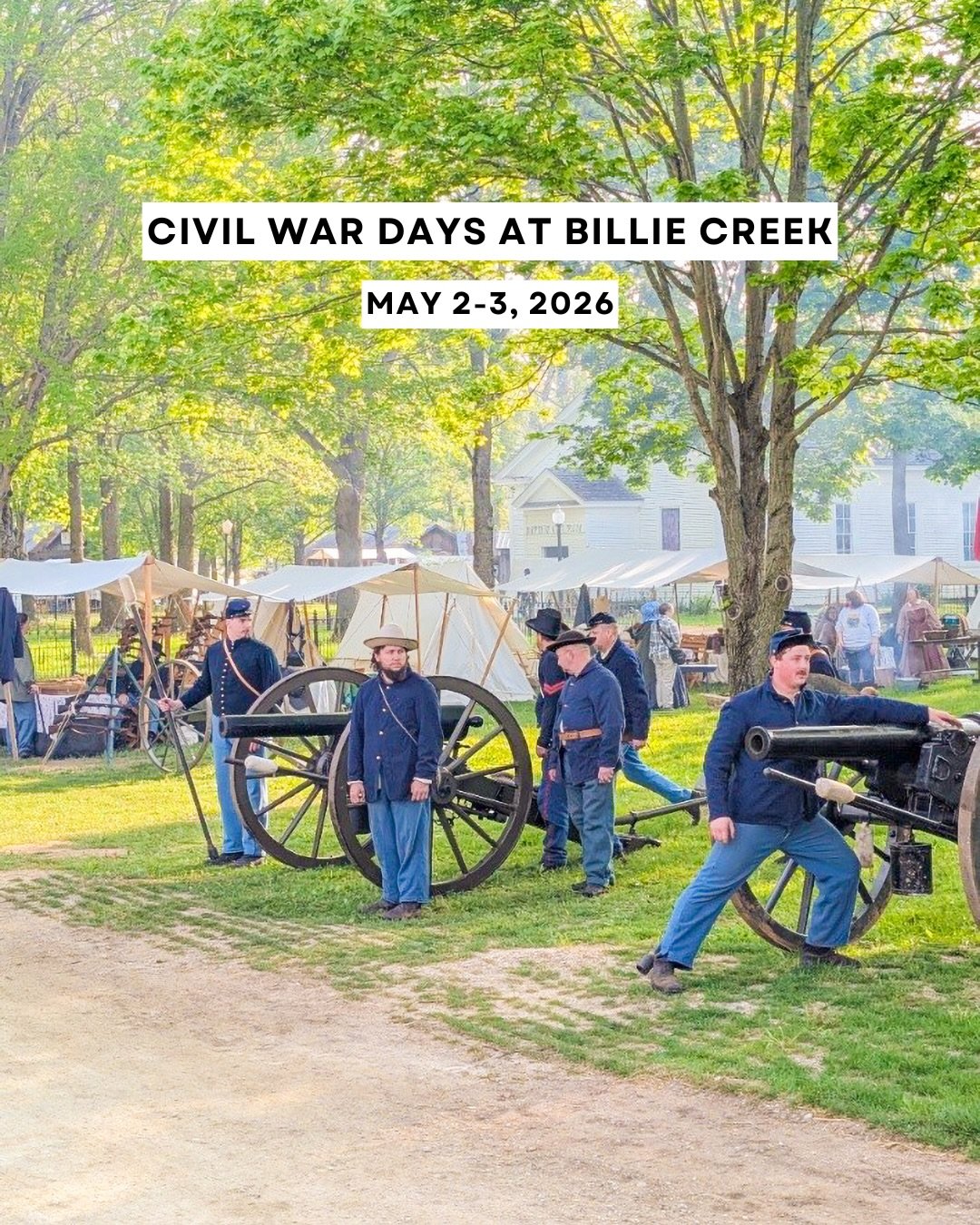 Don&rsquo;t miss Civil War Days at Billie Creek Village THIS weekend! 🎉 Join us May 2&ndash;3 in Rockville, Indiana for a full weekend of live battles, historical demonstrations, food, shopping, and immersive Civil War&ndash;era experiences in Parke