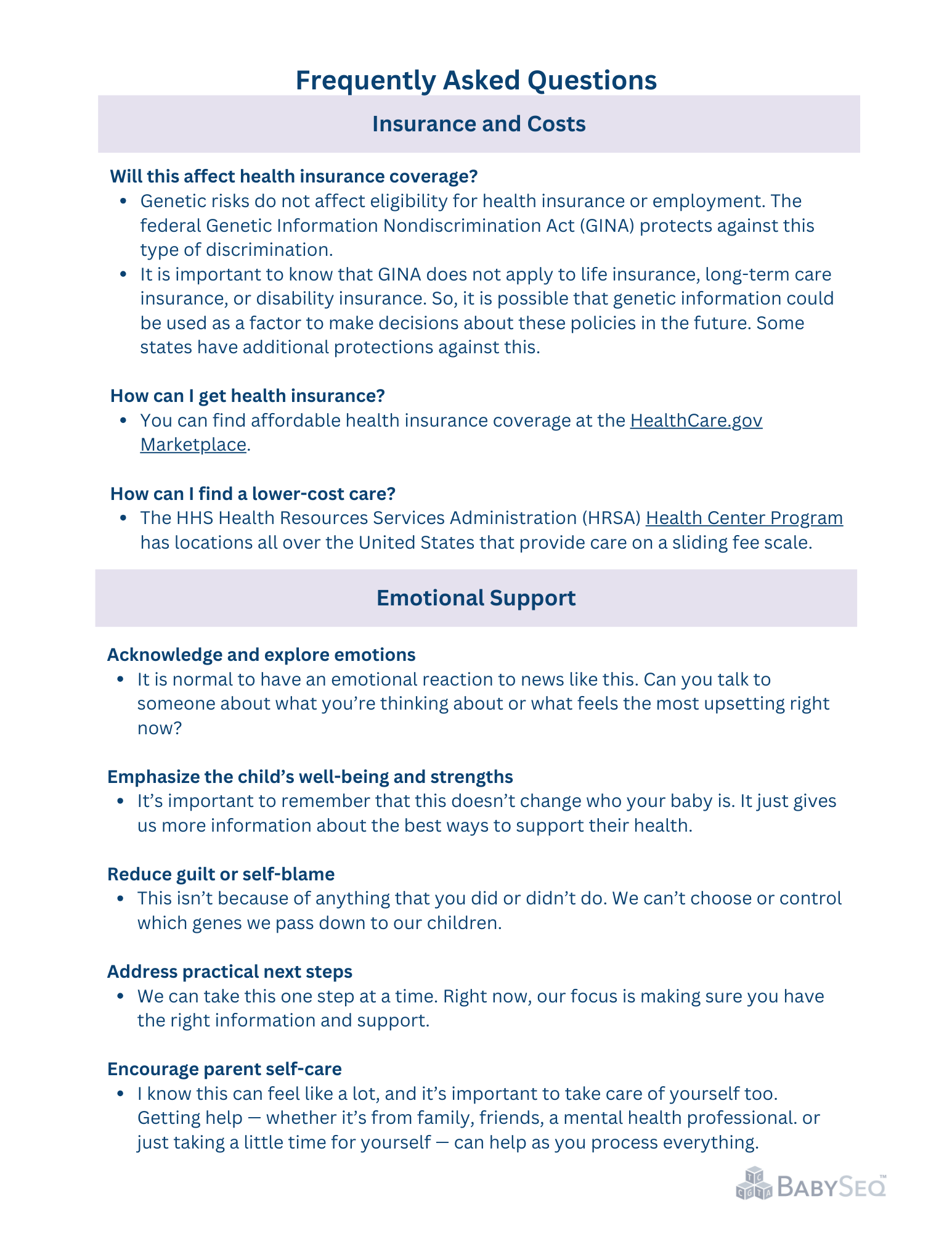FAQ continued: Insurance/Costs & Emotional Support