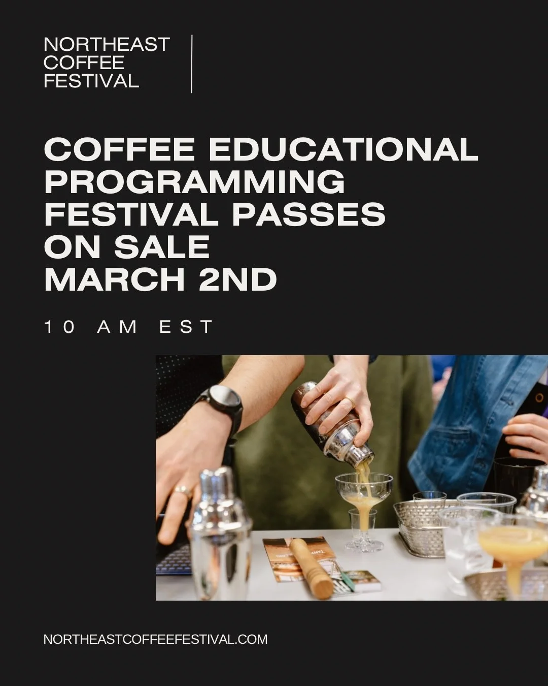 NECF Festival Passes go live on our website Monday, March 2nd at 10 am EST! With this pass, you will have access to two days of Coffee Educational Programming workshops, the Welcome Party, Latte Art Throwdown, and more!

🎟️ Grab your passes with our
