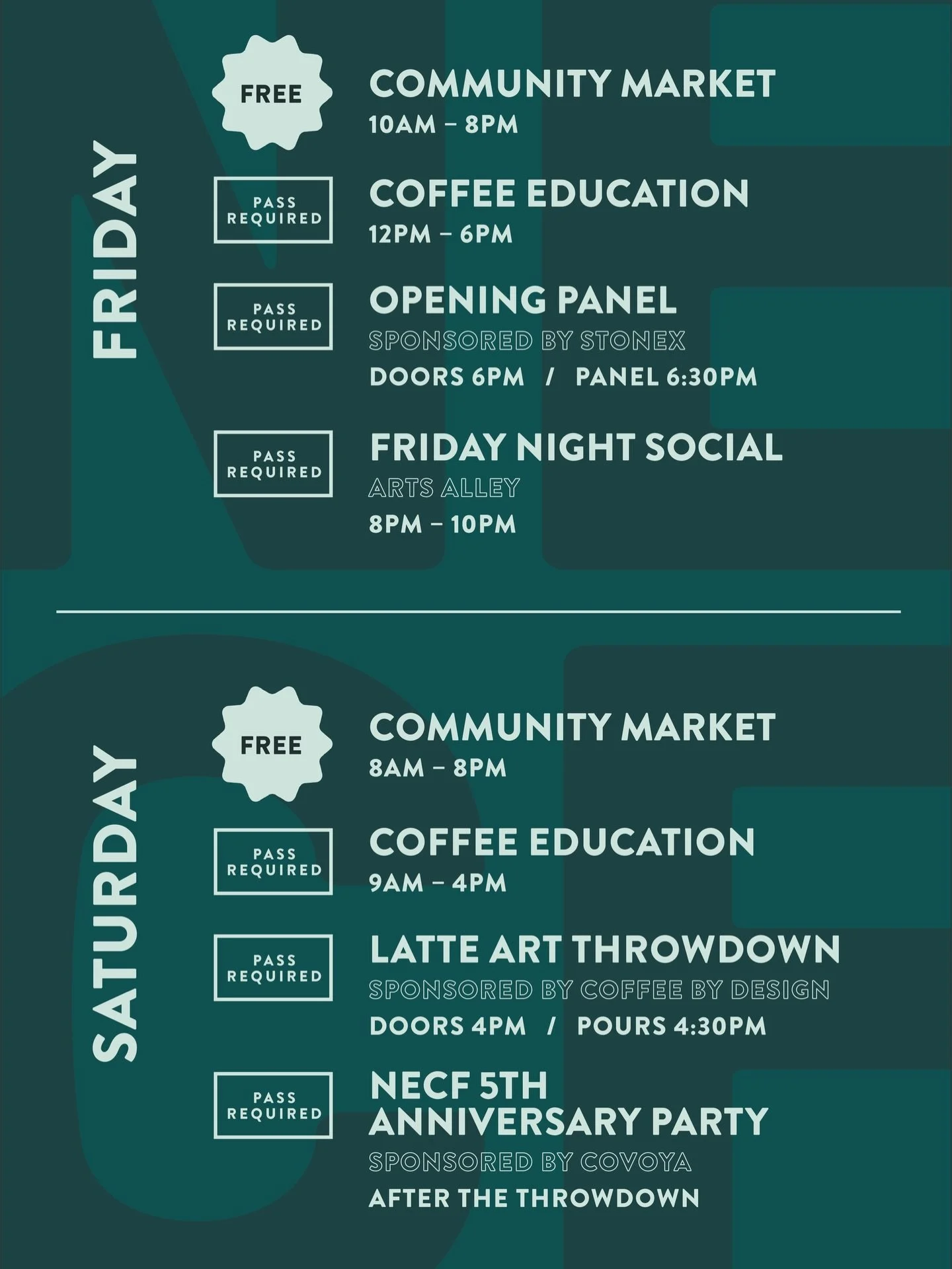 Updated 2026 Northeast Coffee Festival Schedule! 🙌 We&rsquo;ve added a Friday Night Social at our NEW venue, the Arts Alley, on May 15th from 8 - 10 pm after the Opening Panel! (Pass Required)

Festival Passes for the Coffee Educational Programming 