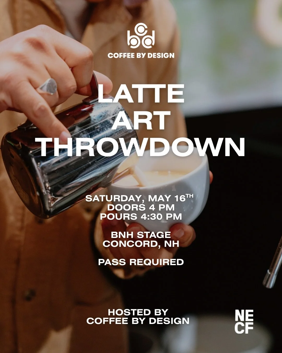 Let the Latte Art games begin!⁠
⁠
The Latte Art Throwdown hosted by @coffeebydesign is going down at NECF on Saturday, May 16th, and you won&rsquo;t want to miss it.⁠
- Doors: 4 PM⁠
- Pours Begin: 4:30 PM⁠
- Location: @bnh_stage 
⁠
Sign-ups to compet