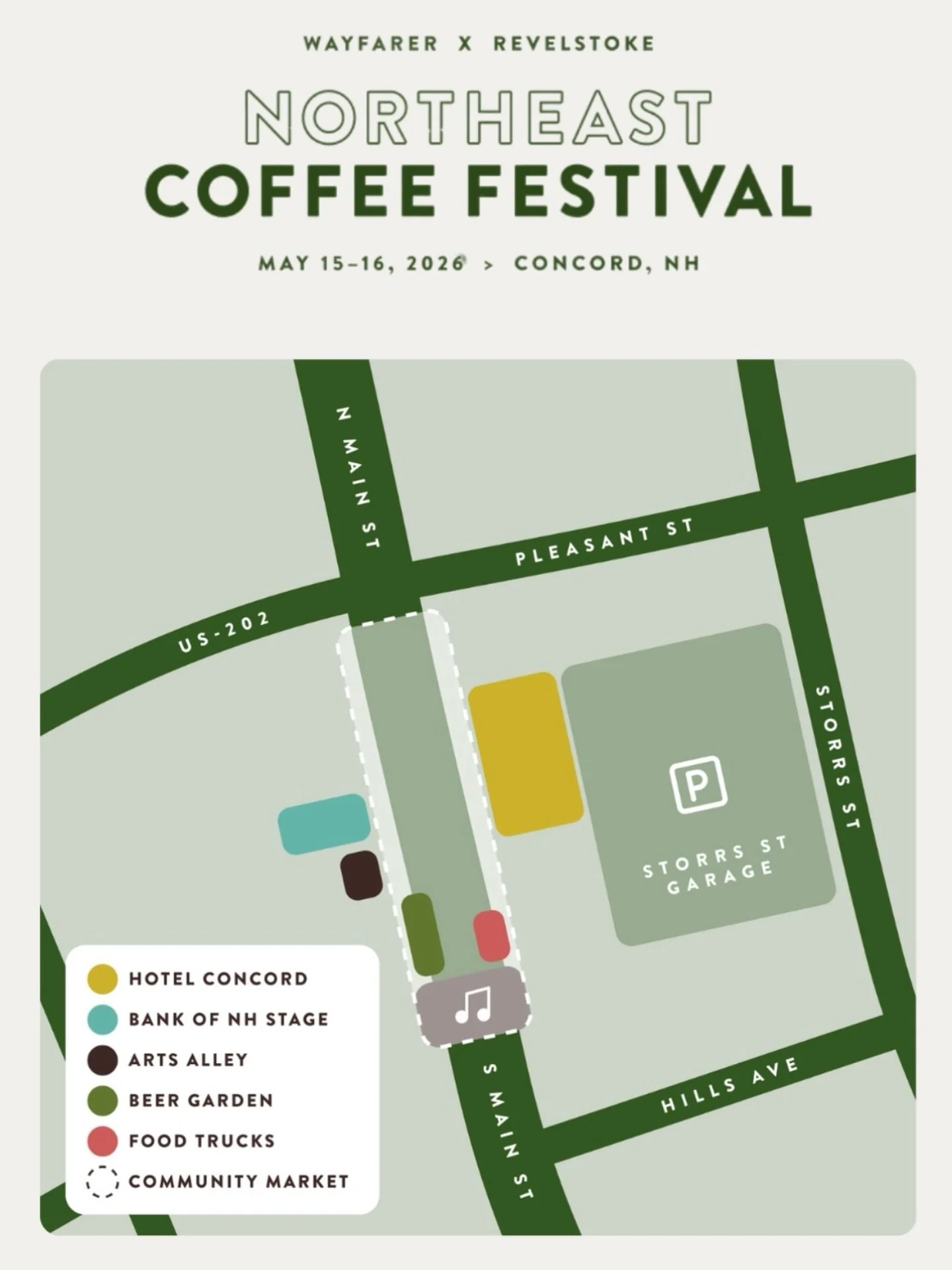 Save this Northeast Coffee Festival Map for planning your visit in Concord this weekend May 15-16!

Location: Between Pleasant Street and Hills Ave
⁠
Coffee Educational Programming Venues:⁠
📍 Bank of NH Stage >  16 S Main St, Concord, NH 03301⁠
?